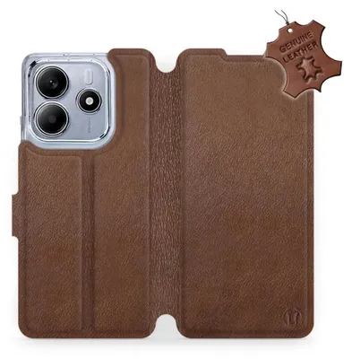 A brown leather flip case for a smartphone, shown open with the phone partially inserted.