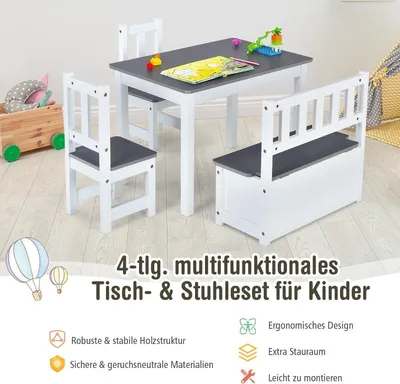 Immagine prodotto di Gruppo di sedute per bambini in 4 pezzi Gruppo di sedute in legno Gruppo tavolo per bambini Grigio + bianco