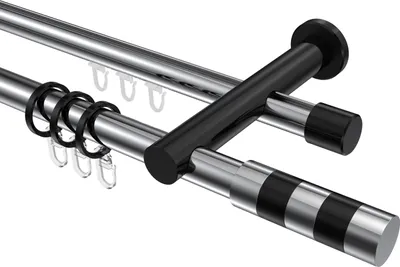 Produktbild von Interdeco Rundrohr-Innenlaufstange / Gardinenstange (Kombination) Chrom / Schwarz, Typ Platon Mavell (Zylinder Bicolor), 20 mm Ø 2-läufig, 420 cm