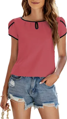 Produktbild von ASKSA Sommer Damen T-Shirt Rundhals Kurzarm Blütenblatt Ärmel Shirts Lose Einfarbig Oberteile Casual Tunika Tops, Rot, M