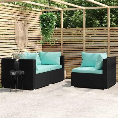 Produktbild von 3-TLG. Garten-Lounge-Set mit Kissen, Balkon Möbel, Gartensofa, Balkonmöbel Set, Terrassenmöbel, Gartenlounge Outdoor, Schwarz Poly Rattan