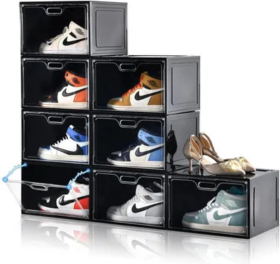 Produktbild von Set aus 8 großen stapelbaren schwarzen Schuhboxen mit transparentem Deckel