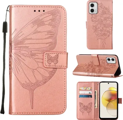 Produktbild von Lederhülle für Motorola Moto G73 Schmetterling Prägung Flip Ledertasche Kartenfächer Handyhülle mit Ständer Pink