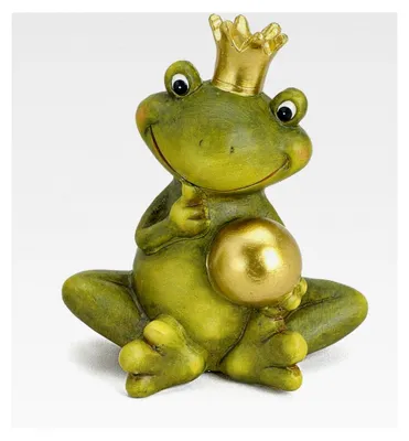 Produktbild von Deko Gartenfigur Froschkönig 15 cm, Keramik Grün Beige mit Goldkugel, Dekofigur Märchenfrosch für Garten, Balkon und Terrasse