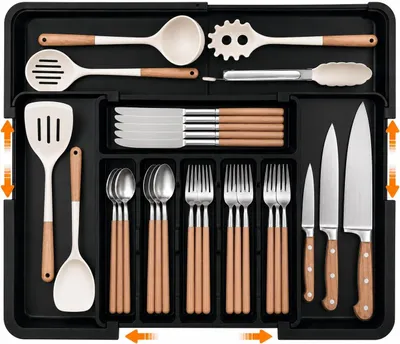 Immagine prodotto di Contenitore per posate, regolabile, con 5 scomparti, in plastica, per cassetti da cucina