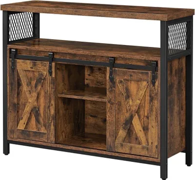 A product shot of a sideboard with sliding barn doors.