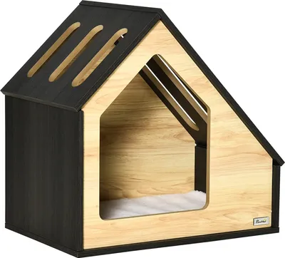 Obrázek produktu pro Dřevěná bouda pro mazlíčka PAWHUT D02-120, bouda pro kočky, s polštářem, bouda pro psa, jeskyně pro psy, 60 x 40 x 59,2 cm - A