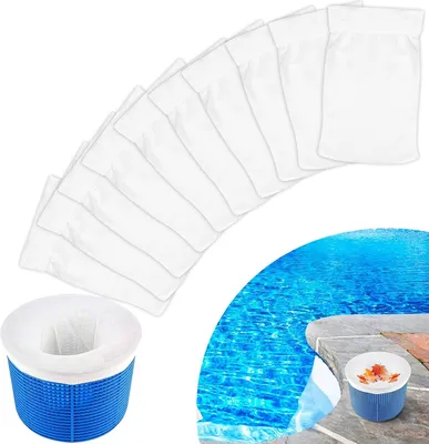 A collection of white pool skimmer socks fanned out, with a close-up of a blue skimmer basket with a sock inside, and a view of a swimming pool.