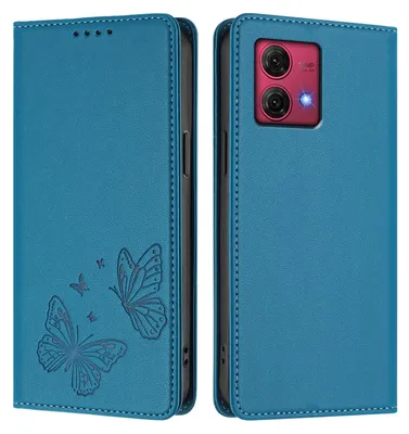 Image de Étui en cuir pour Motorola Moto G84, motif papillon, étui portefeuille à rabat avec support, bleu