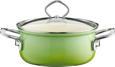 A green pot with a glass lid and silver handles, isolated on a white background.