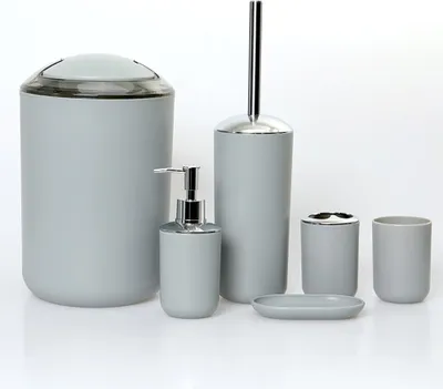 Produktbild von 6-teiliges Badezimmer-Set, Badezimmer-Accessoires-Set, Lotionflaschen, Zahnbürstenhalter, Zahnputzbecher, Seifenschale, Toilettenbürste, Abfalleimer
