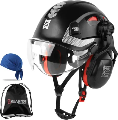 Imagen del producto de Casco de protección con visera y protección auditiva, ventilado, certificado según la norma EN 397, sistema de sujeción de 6 puntos, color , para