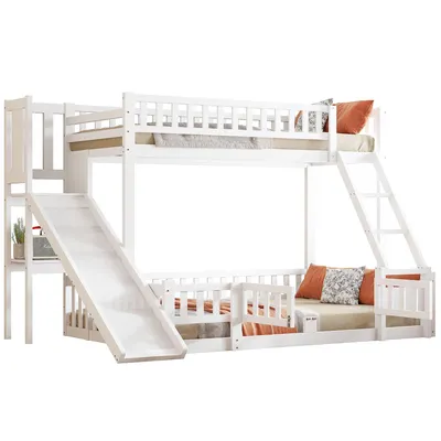 Produktbild von Etagenbett mit 2 Liegeflächen, Lattenrost und Rutsche, 90x200cm/140x200cm, Kinderbett mit Rausfallschutz, Kiefer