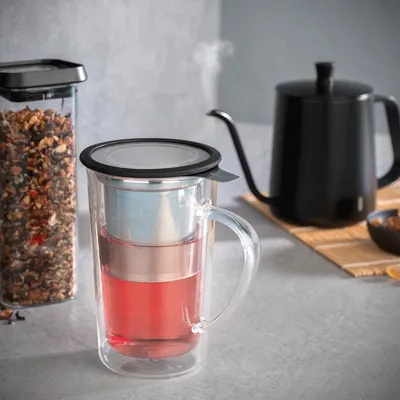 Immagine prodotto di GEFU Tazza per tè MIRA con filtro in acciaio inossidabile, 235 ml | Vetro borosilicato a doppia parete, resistente al calore, coperchio aromatico e sottobicchiere | Adatta al lavaggio in lavastoviglie