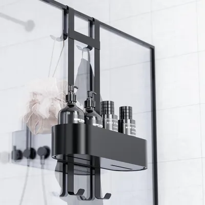 Produktbild von Duschablage zum Hängen ohne Bohren Edelstahl Duschkorb mit 4 Haken Schwarz