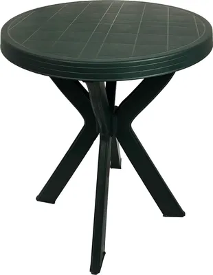 A dark green round garden table with a grid pattern on the surface and four legs.