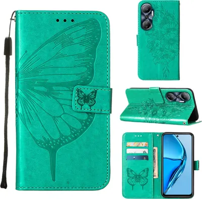 Produktbild von Infinix Hot 20 4G Hülle, Schmetterling Prägung Flip Leder Kartenfächer Schutzhülle Ledertasche mit Ständer für Infinix Hot 20 4G Grün
