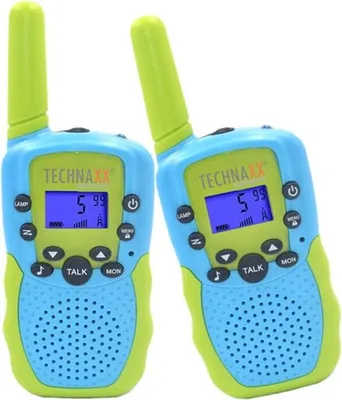Image de Lot de 2 talkies-walkies pour enfants Lifenaxx TX-347, lampe torche intégrée, portée jusqu'à 3 km, 8 canaux, écran LCD rétroéclairé, 4 piles AAA, plastique, vert/bleu