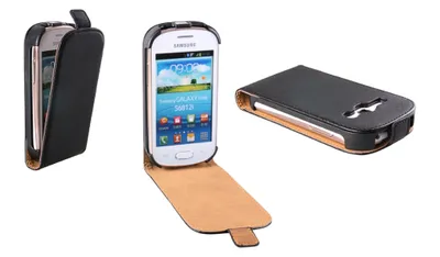 Three views of a black flip case for a Samsung Galaxy Fame S6810P smartphone, shown open and closed.