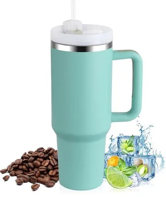 Immagine prodotto di Ibenzoa® Tazza termica da 1200 ml – a doppia parete, senza BPA, in acciaio inossidabile 18/8, color verde menta, con cannuccia e manico, coperchio 2-in-1 per bevande calde e fredde