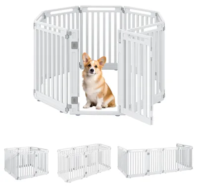 Image de COSTWAY, enclos portable pour chiots, clôture pour chiens en HDPE, pour intérieur et extérieur, cage pour chiens, flexible avec 8 panneaux, porte verrouillable et chevilles pour fixer au sol
