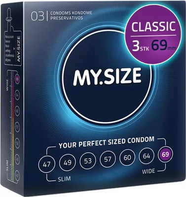 Zdjęcie produktu dla Prezerwatywy MY.SIZE Classic rozmiar 7 | szerokość 69 mm | opakowanie próbne zawierające 3 sztuki | bardzo cienkie | naturalne wrażenia | cienka ścianka o grubości 0,07 mm