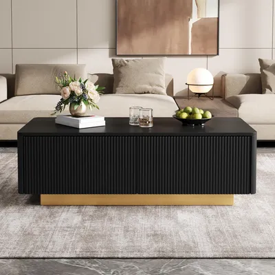 Produktbild von okwish Sofatisch mit 2 Schubladen, Couchtisch geriffelter Front,Wohnzimmertisch mit Stauraum und abgerundeten Ecken,Schwarz