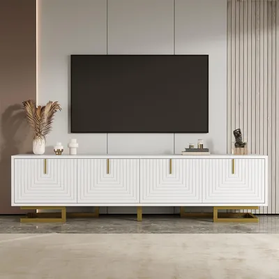 Produktbild von TV-Schrank, Lowboard mit strukturierten Türen, goldene Griffe und goldene Beine, Weiß