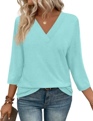 Produktbild von ASKSA Damen T-Shirt V-Ausschnitt 3/4 aermel Basic Tops Sommer Bluse Elegant Einfarbig Laessig Arbeits Oberteile (Hellblau,M)