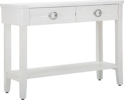 Produktbild von Konsolentisch "Shine", 110 x 40 x 82 cm, aus weißem Holz – Schrank mit 2 Schubladen und Ablage – Klare Linien und modernes Design – Gestell aus Tannenholz und MDF