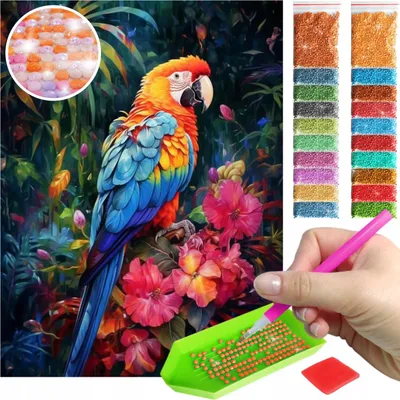 Produktbild von ARTULIO - Diamond Painting Set - Bunter tropischer Papagei mit Blumen - 40 x 30 cm - AB Steine, AB Diamant - Komplettset Mosaik + Zubehör