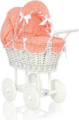 Produktbild von Puppenanhänger aus weißem Rattan – Korbwagen – mit pfirsichfarbener Bettwäsche, sicher und handgefertigt