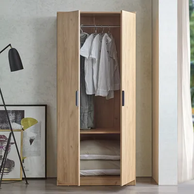 An open wardrobe with clothes hanging inside and pillows on a shelf.