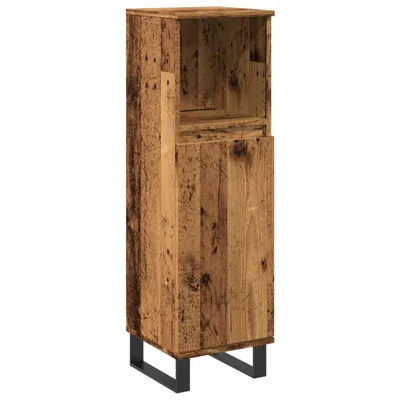 A tall, narrow cabinet with a rustic wood finish and black metal legs, shown against a white background.