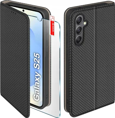 Immagine prodotto di Custodia con patta per Samsung S25 Custodia chiudibile nera + vetro 9H