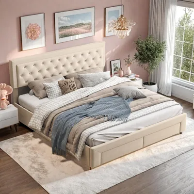 Produktbild von Beiges Stauraumbett, 160 x 200 cm, aus Samt, mit höhenverstellbarem, gepolstertem Kopfteil, Stauraumbett mit Schubladen und Holzlattenrost