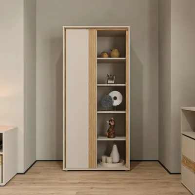 Produktbild von Forte WEXLIN Regal 75 80, modernes Standregal mit 1 Tür und 8 Regalböden, Kinder- und Jugendzimmer, Holzwerkstoff, Kaschmir|Beige|Mauvella Eiche Holzdekor, 76,3 cm breit x 164,9 cm hoch x 50,2 cm tief