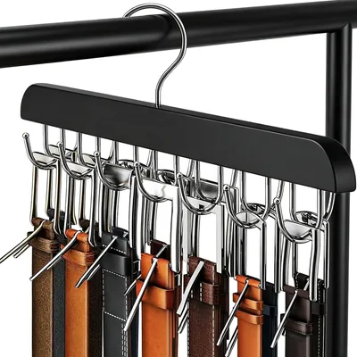 Image de Support pour ceintures pour placard - Avec 14 crochets métalliques et un crochet pivotant - Pour ranger ceintures, cravates et écharpes - Noir