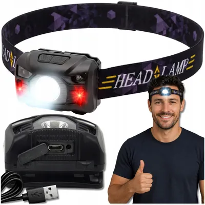 Obrázok produktu pre LED čelovka KRUMAD, USB, s dobíjacou batériou a senzorom pohybu, 3W, 1200mAh, červené svetlo, 120lm, vhodná na outdoorové aktivity, kempovanie a do dielne