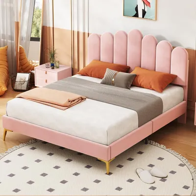 Image de OKWISH Lit Double 140x200 cm - Lit avec Tête de Lit Rembourrée et Lattes Renforcées, Velours Rose, Sans Matelas