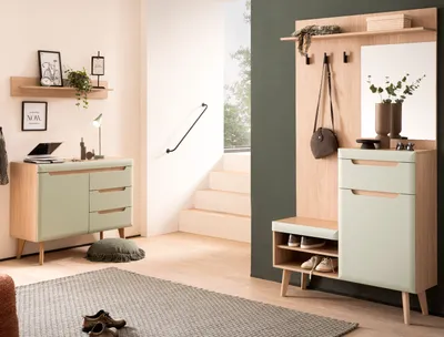 Produktbild von Garderobe Set 3-teilig "Isgard" Pistazie und Eiche Garderobenkombination skandinavisch