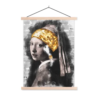 Produktbild von MuchoWow® Textilposter Das Mädchen mit dem Perlenohrring - Vermeer - Collage 120x160 cm mit holzfarbenen Rahmen - Plakatkarton