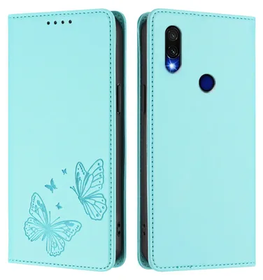 Produktbild von Lederhülle für Xiaomi Redmi 7, Schmetterling Prägung Leder Brieftasche Schutzhülle mit Ständer Türkis