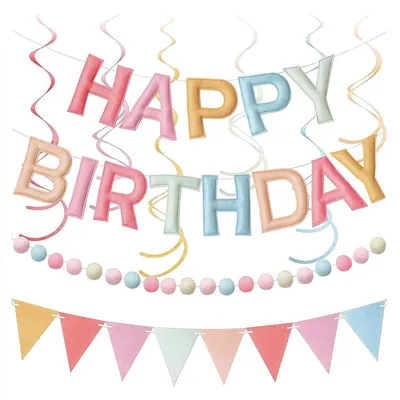 Productafbeelding van Verjaardagsbanner "Happy Birthday", vilt, pastelkleuren, voorgemonteerd, 200 cm