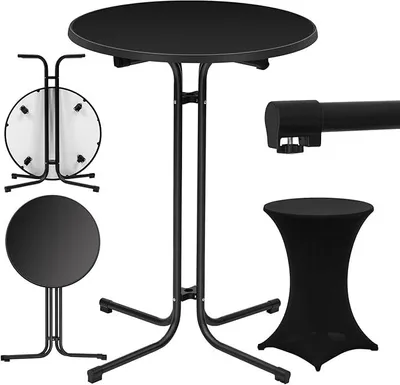 Produktbild von Stehtisch klappbar, Bistrotisch mit Husse, Gartentisch wetterfest rund, Bartisch ? 80 cm, Hochtisch 110 cm, Beistelltisch Indoor Outdoor, für Garten Party Hochzeit, Metallrohre, Schwarz