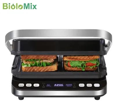 Imagen del producto de Parrilla eléctrica de contacto de 2000W con control digital y opción de plancha para gofres