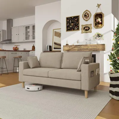 Produktbild von AIORBER Zweisitzer Sofa mit Stauraum und Getränkehaltern, Chenille 2 Sitzer Couch mit Seitentaschen und Kissen, kompaktes gemütliches Loveseat für Wohnzimmer Khaki