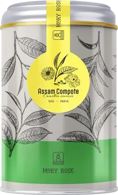 Zdjęcie produktu dla Mary Rose – Czarna herbata Assam Compote w puszce 50 g – z hibiskusem, jagodami goji i kwiatami nagietka – owocowa, harmonijna, do spożycia na ciepło lub na zimno