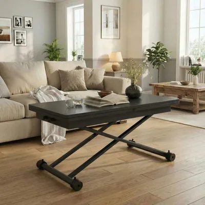 Produktbild von VOWNER Höhenverstellbarer 3-in-1 ausziehbarer platzsparender umwandelbarer Couchtisch für Esszimmer, Wohnzimmer (Schwarz mit Holzmaserung)
