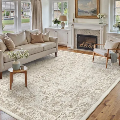 Obrázek produktu pro Koberec do obývacího pokoje, světle hnědý, vintage styl, 150x210 cm, omyvatelný, obdélníkový